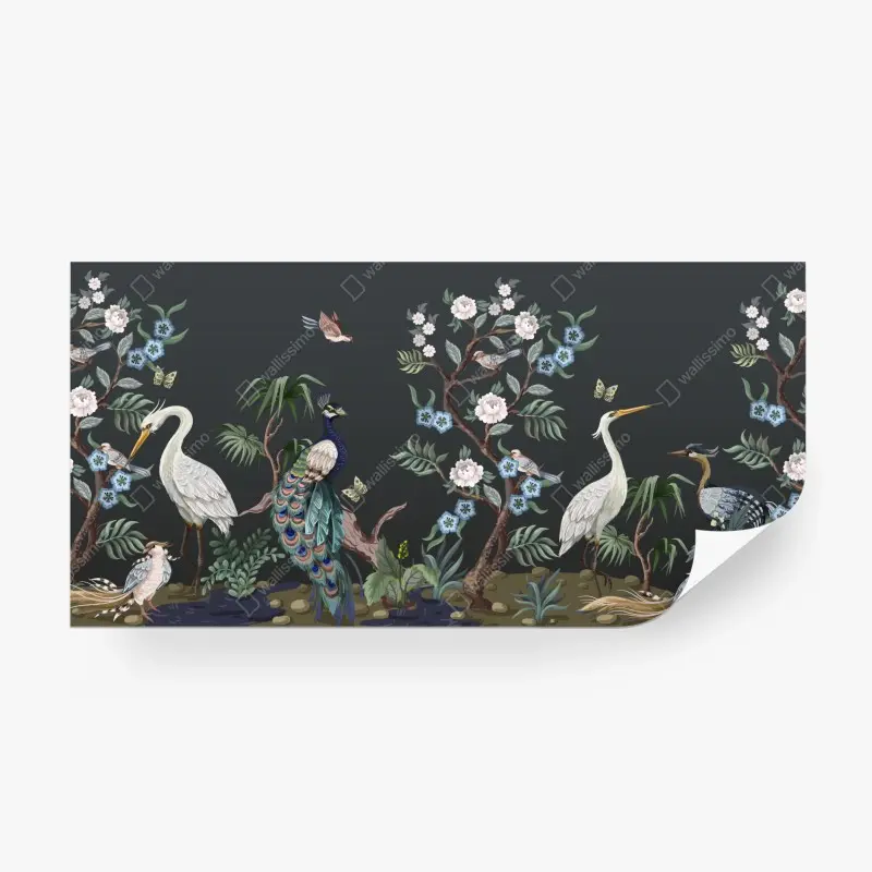 Fototapete pfau und reiher im blumenmuster