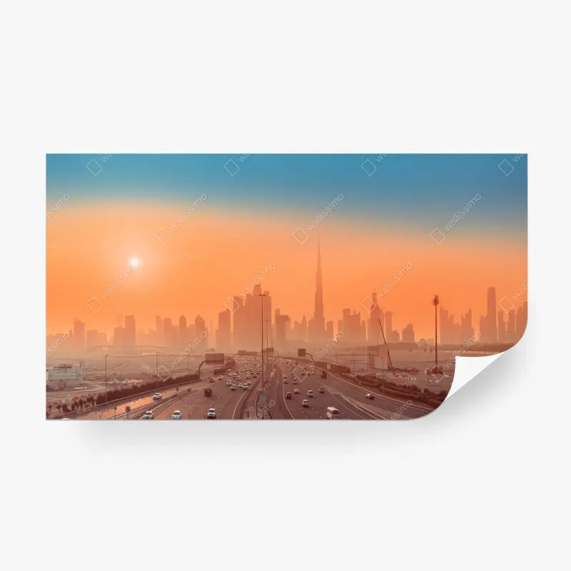 Fototapete Dubai skyline bei sonnenaufgang