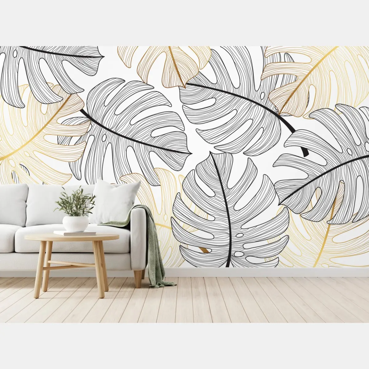 Fototapete monstera-blattmuster mit goldakzenten – Pixers®