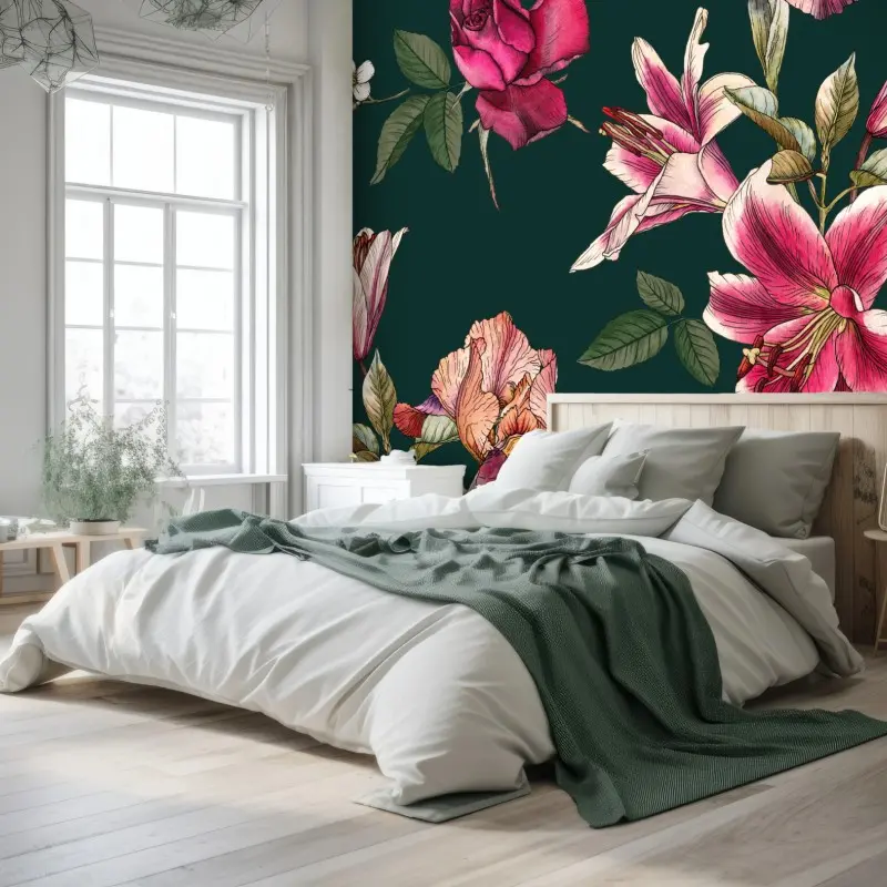 Fototapete vintage botanisches floralmuster auf tiefgrün