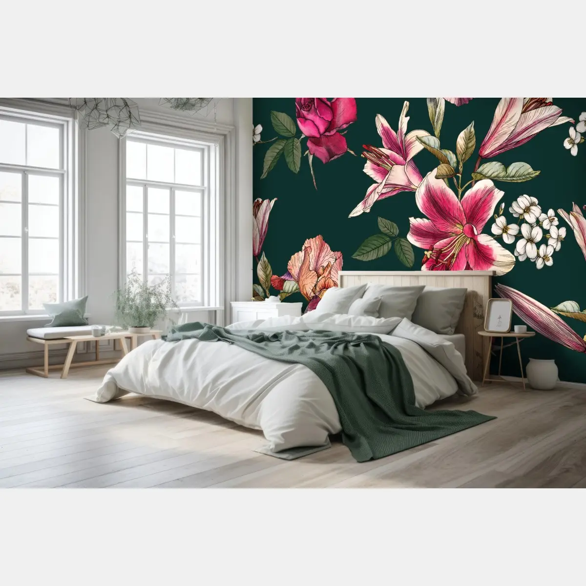 Fototapete vintage botanisches floralmuster auf tiefgrün – Pixers®