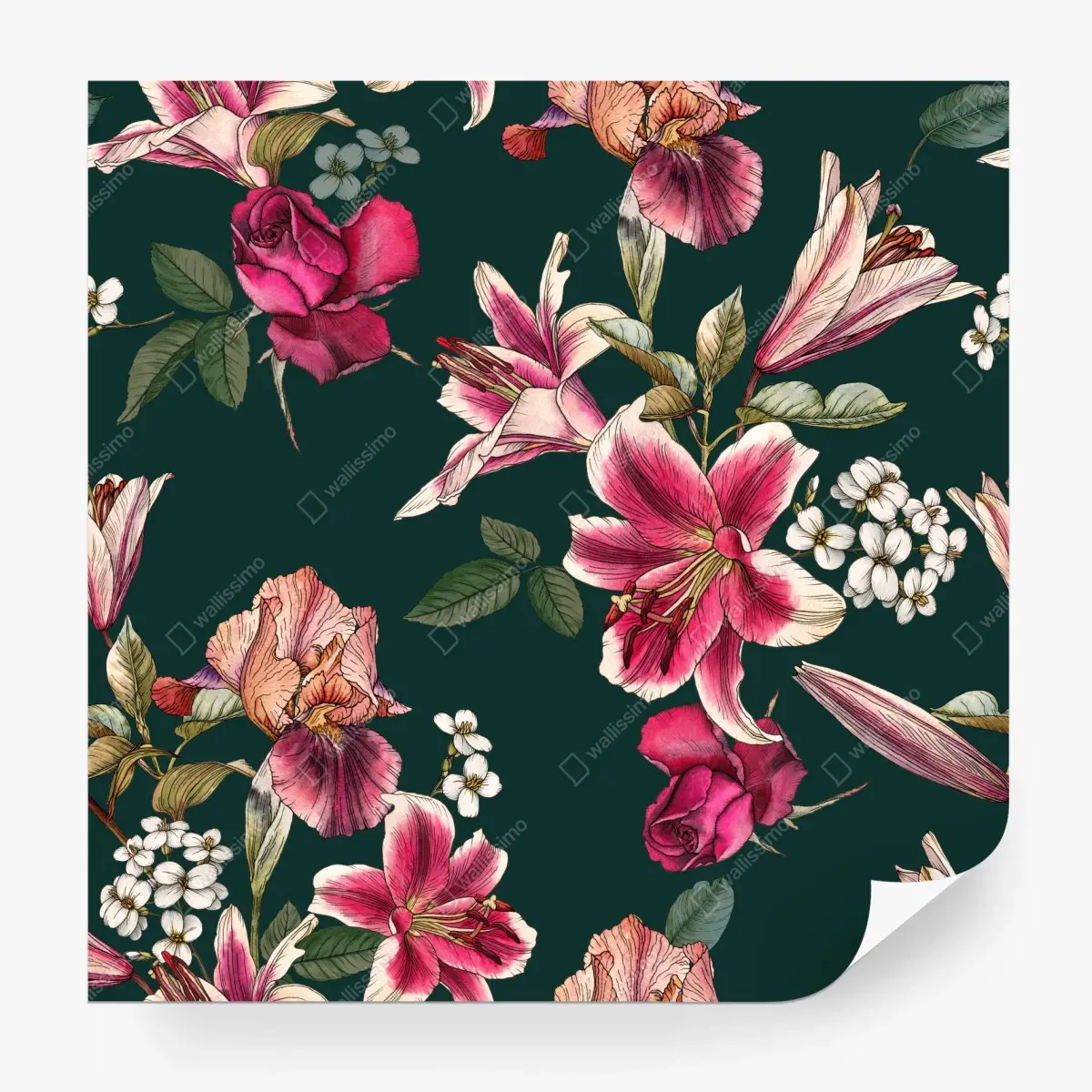 Fototapete vintage botanisches floralmuster auf tiefgrün – Pixers®