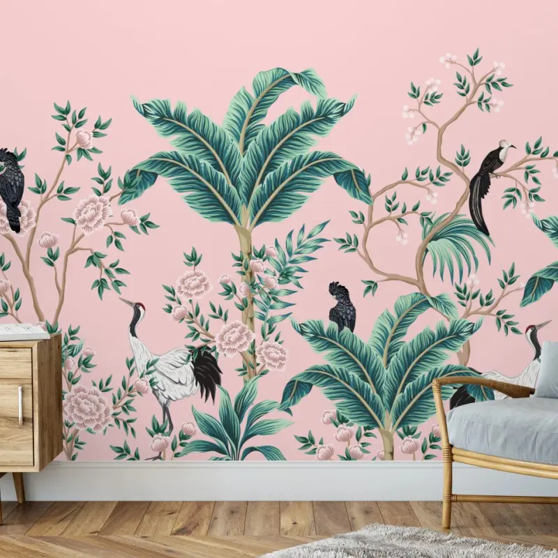 Fototapete pastell tropisches botanisches muster mit kranichen