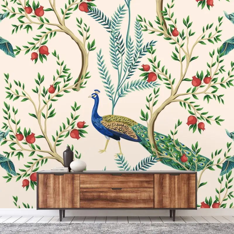 Fototapete pfau zwischen granatästen