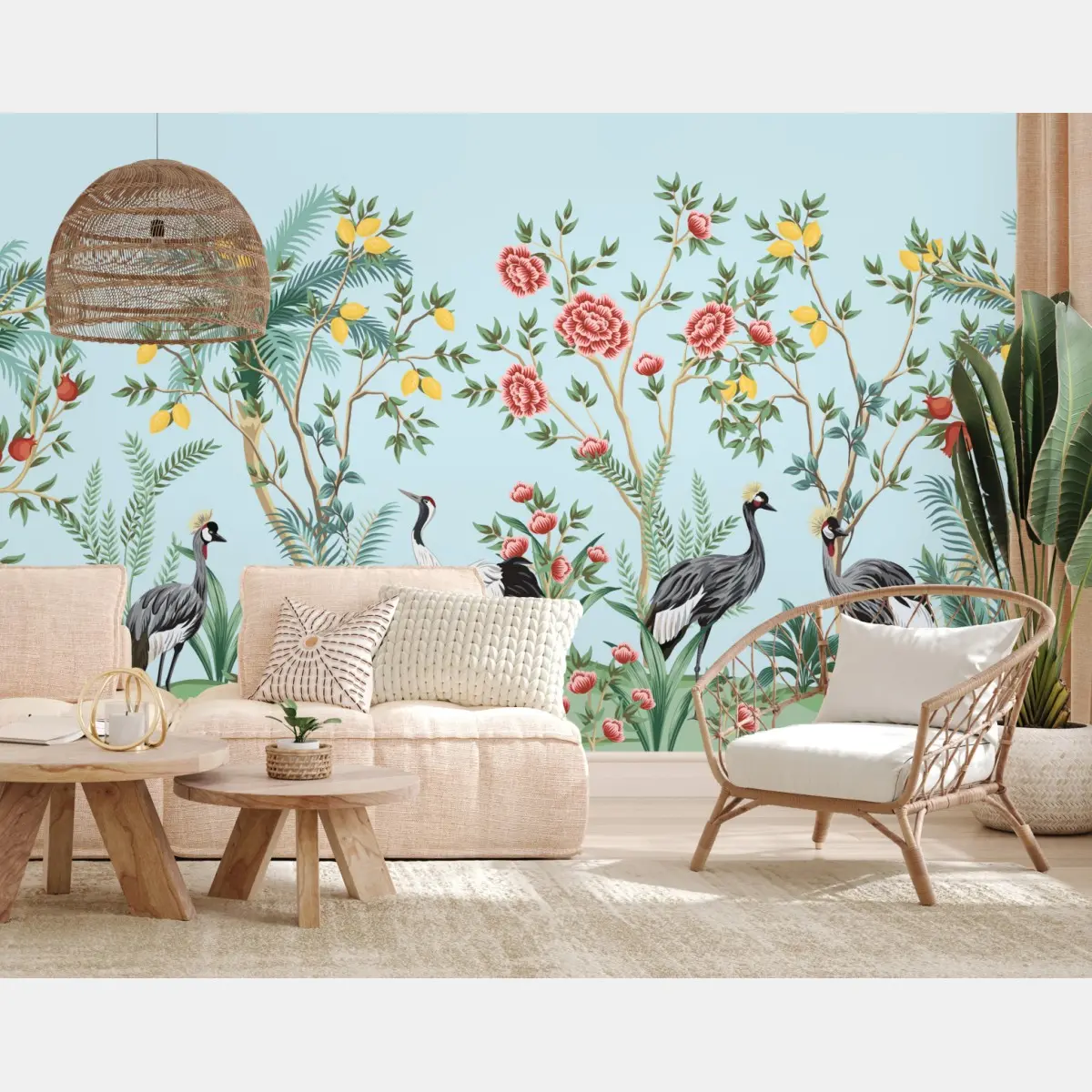 Fototapete eleganter kranichgarten mit blüten – Pixers®