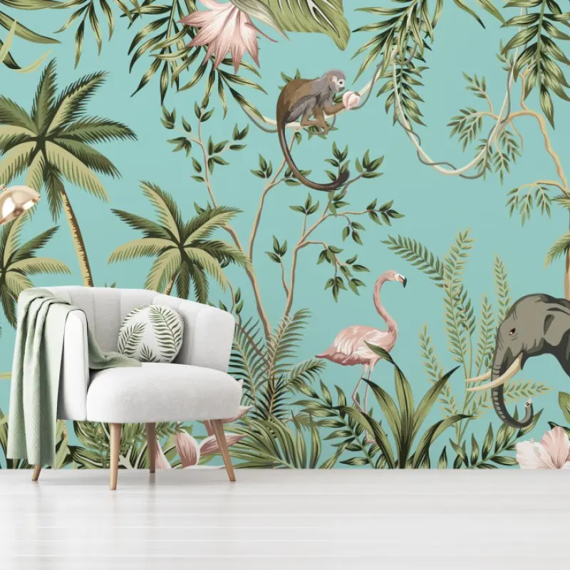 Fototapete tropische dschungelszene mit elefant und flamingo