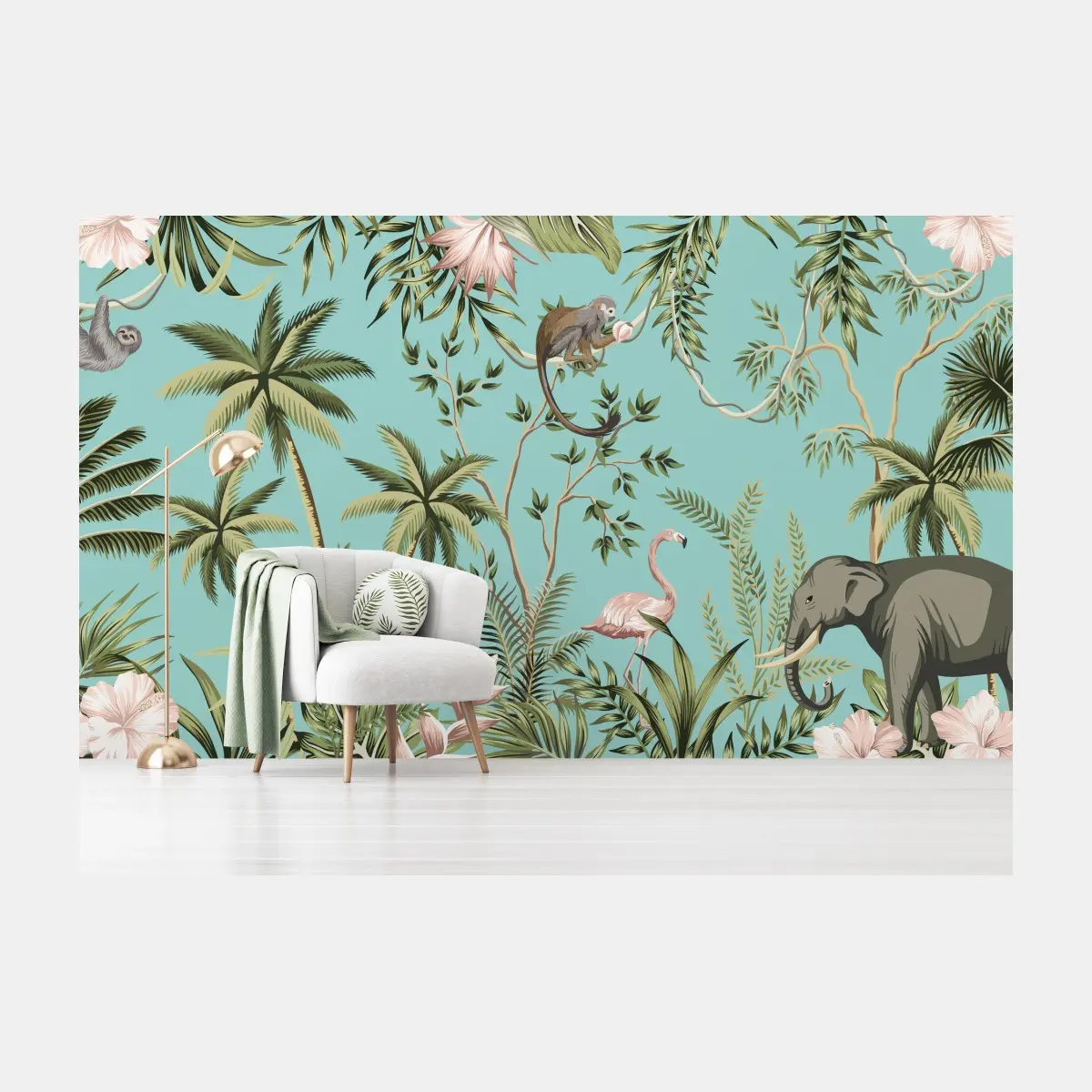 Fototapete tropische dschungelszene mit elefant und flamingo – Pixers®