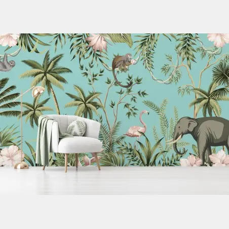 Fototapete tropische dschungelszene mit elefant und flamingo – Pixers®