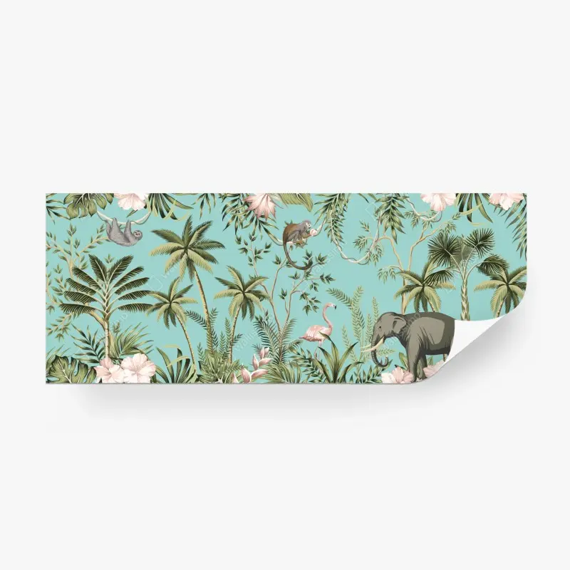 Fototapete tropische dschungelszene mit elefant und flamingo