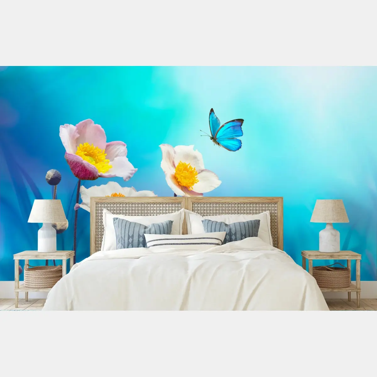 Fototapete zarte rosa anemonen und blauer schmetterling – Pixers®