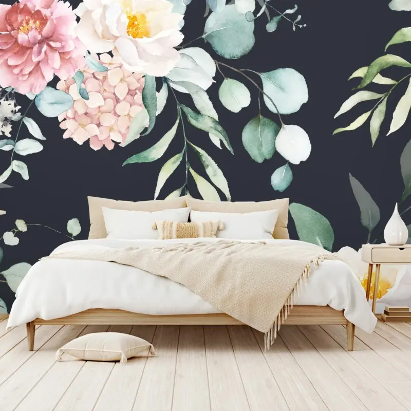 Fototapete elegantes aquarell-blumenmuster auf dunklem hintergrund