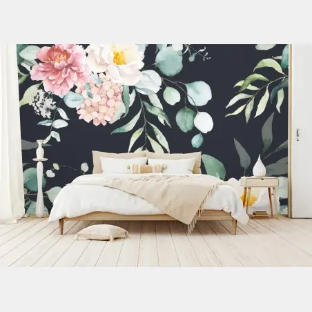 Fototapete elegantes aquarell-blumenmuster auf dunklem hintergrund – Pixers®