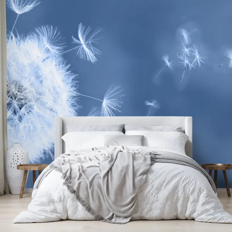 Fototapete zarte löwenzahnsamen in blau