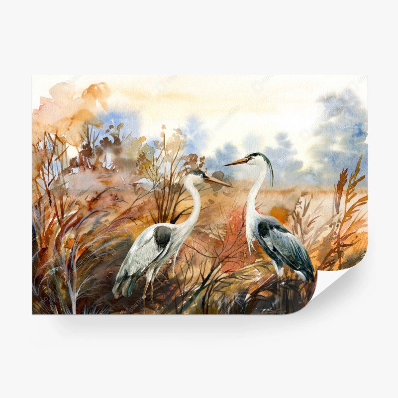 Fototapete zwei reiher im herbstlichen sumpf