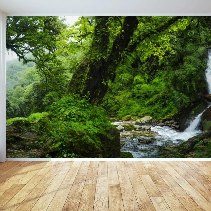 Fototapete üppiger grüner wasserfall im wald