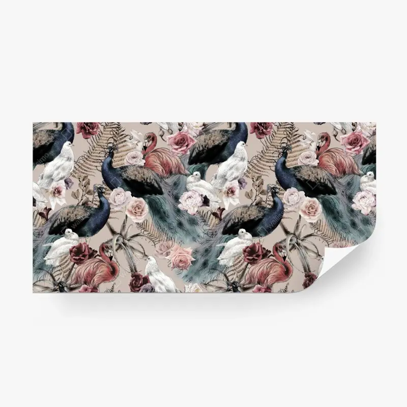 Fototapete aquarellmuster mit vögeln und rosen