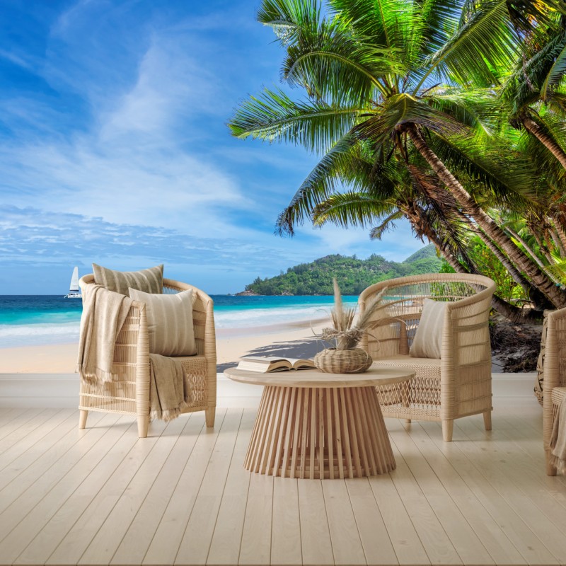 Fototapete tropischer strand mit palmen und segelboot