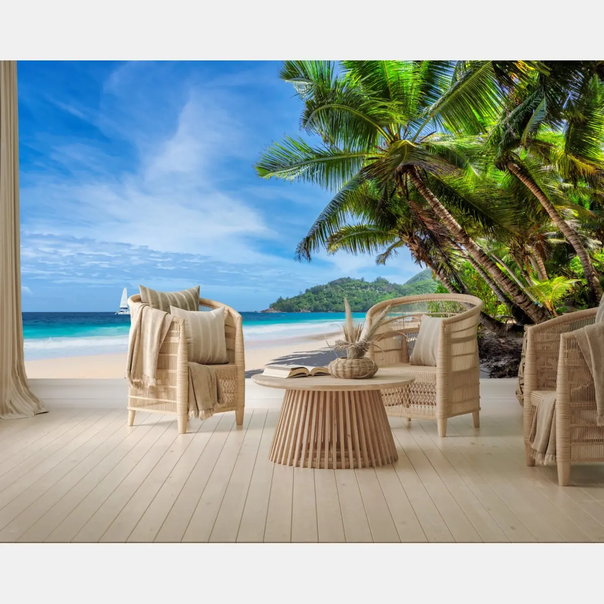 Fototapete tropischer strand mit palmen und segelboot – Pixers®