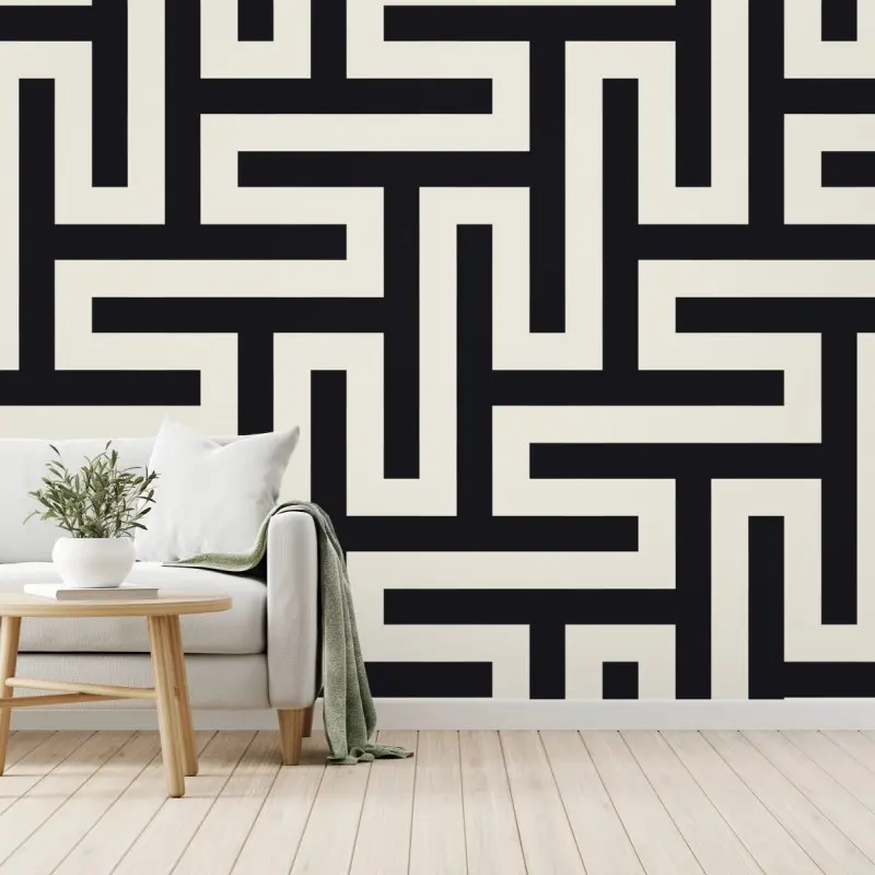 Fototapete geometrisches labyrinthmuster in beige und schwarz