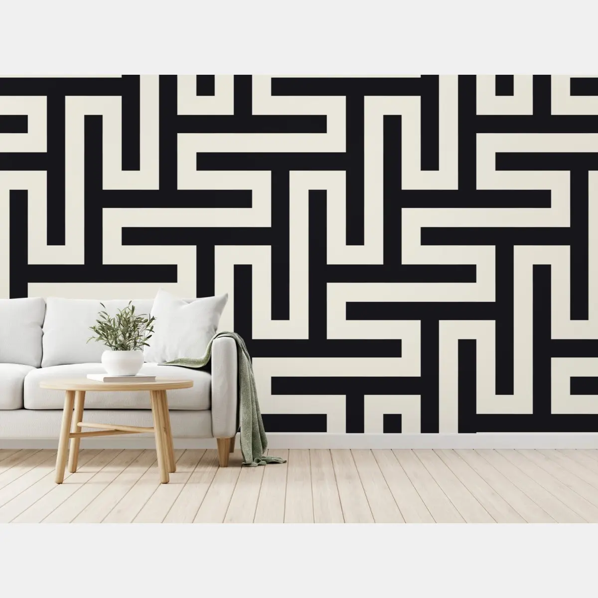 Fototapete geometrisches labyrinthmuster in beige und schwarz – Pixers®