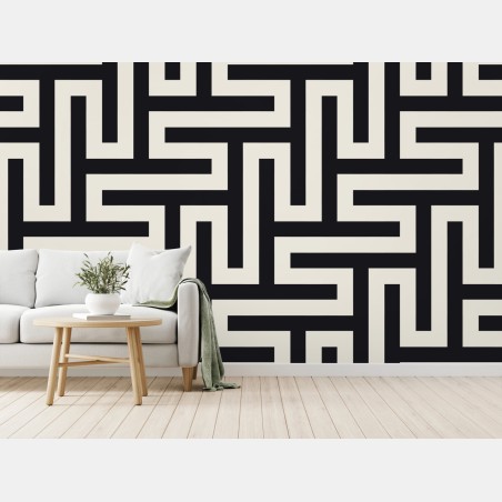 Fototapete geometrisches labyrinthmuster in beige und schwarz – Pixers®
