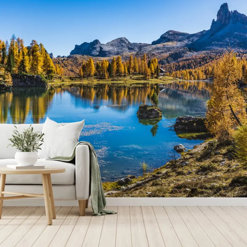 Fototapete herbstlicher alpensee mit bergreflexion