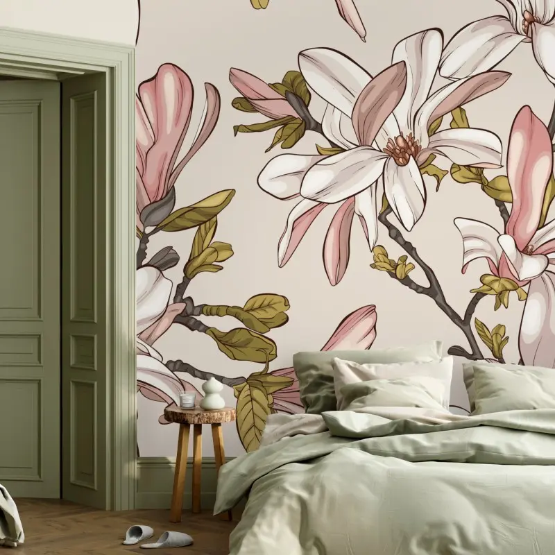 Fototapete pastell magnolien auf beigem grund
