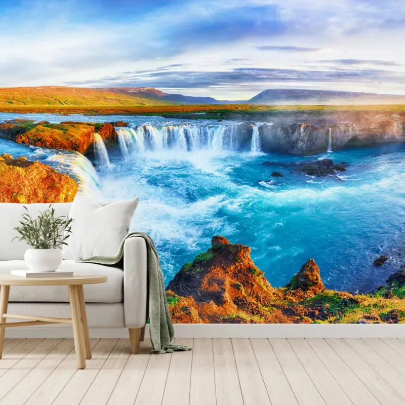 Fototapete panorama des wasserfalls Godafoss bei sonnenaufgang