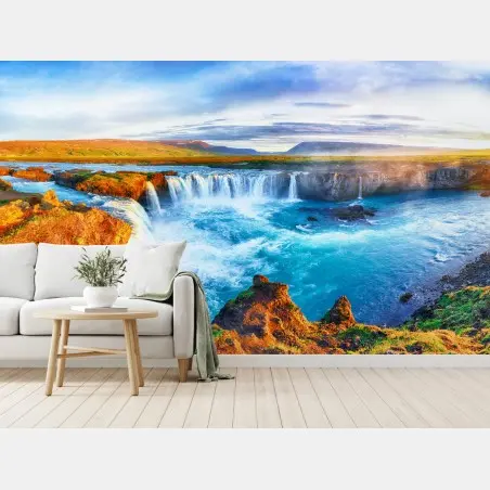 Fototapete panorama des wasserfalls Godafoss bei sonnenaufgang – Pixers®