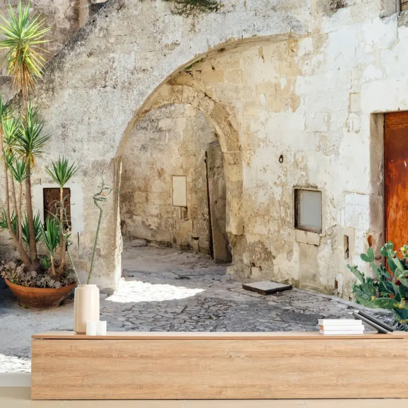 Fototapete mediterraner steinhof mit bogen