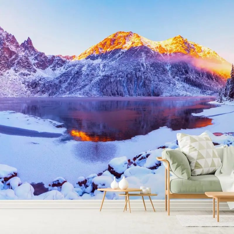 Fototapete sonnenbeschienene berge über gefrorenem alpensee