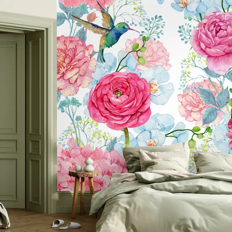 Fototapete rosa aquarell blumengarten mit kolibri