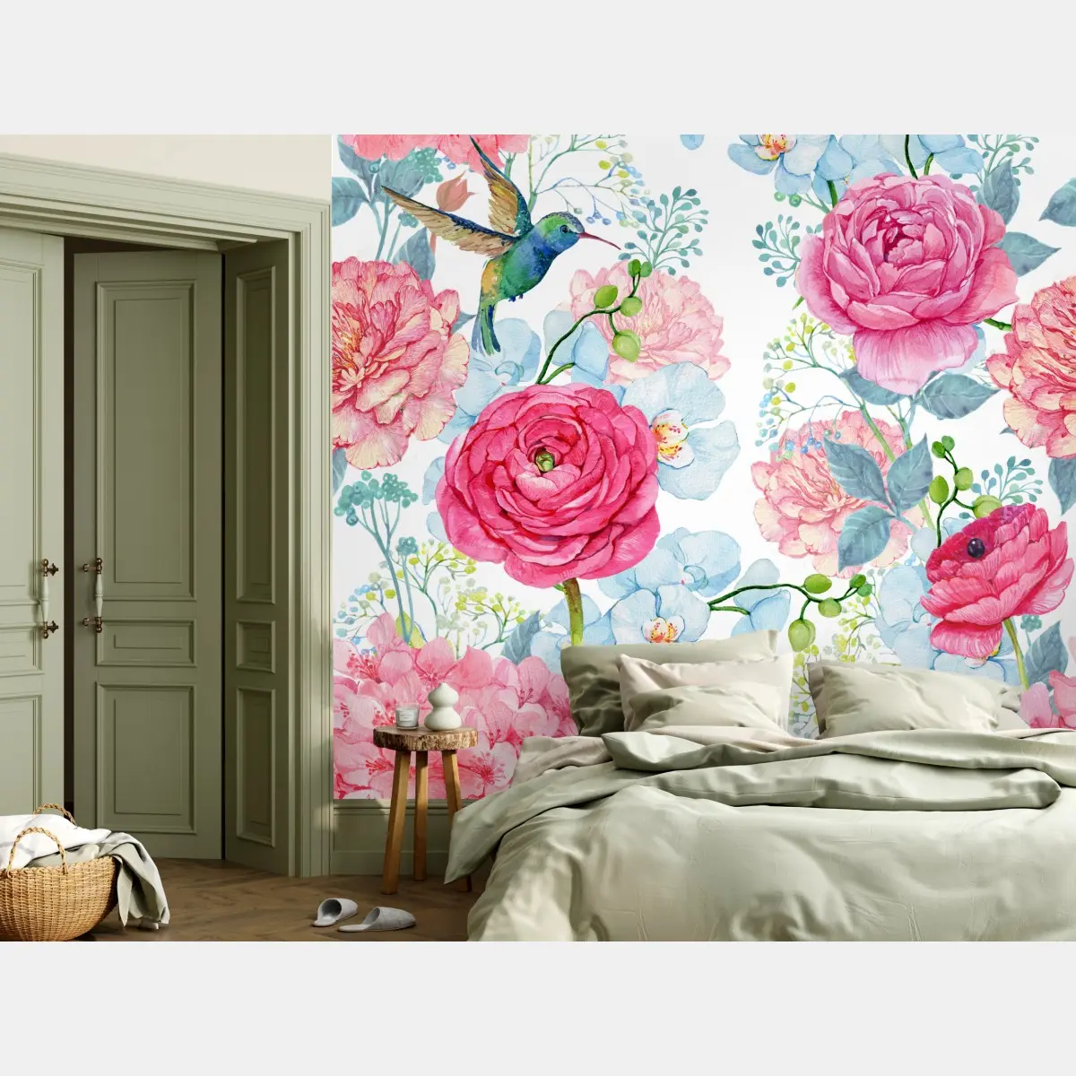 Fototapete rosa aquarell blumengarten mit kolibri – Pixers®