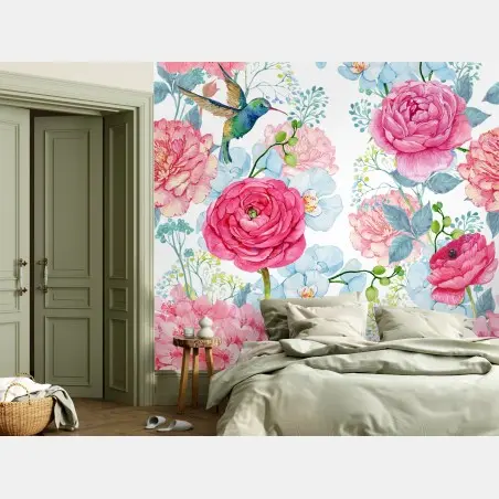 Fototapete rosa aquarell blumengarten mit kolibri – Pixers®