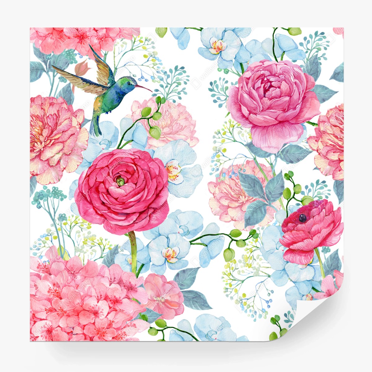 Fototapete rosa aquarell blumengarten mit kolibri – Pixers®