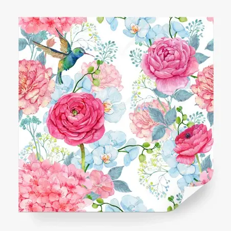 Fototapete rosa aquarell blumengarten mit kolibri – Pixers®