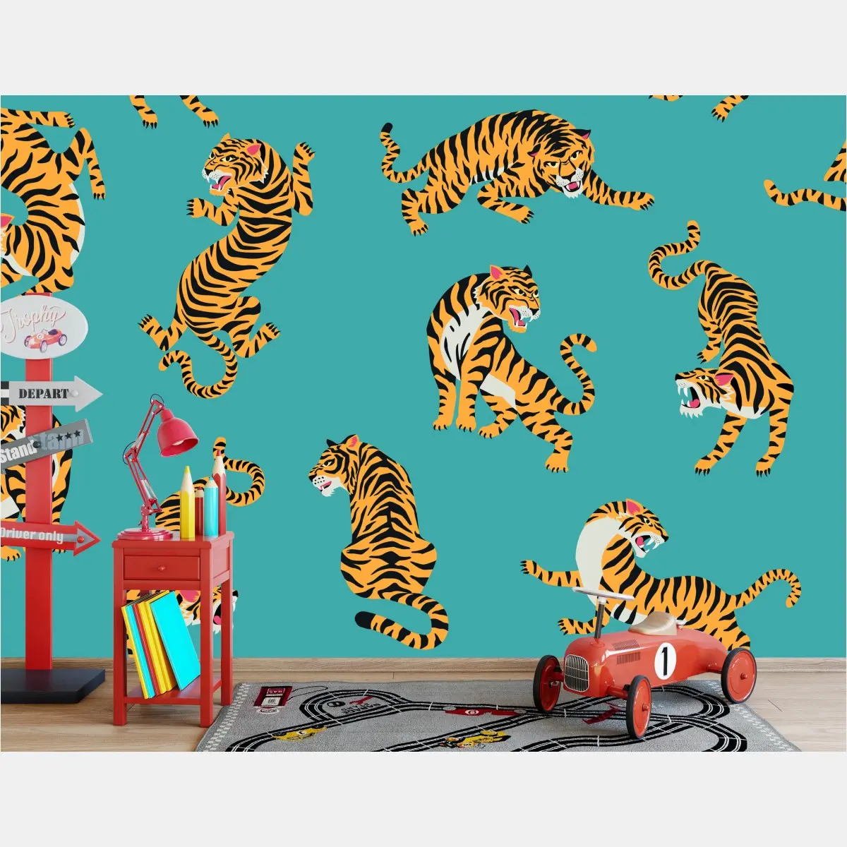 Fototapete stilisiertes tigermuster auf türkisfarbenem hintergrund – Pixers®