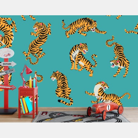 Fototapete stilisiertes tigermuster auf türkisfarbenem hintergrund – Pixers®