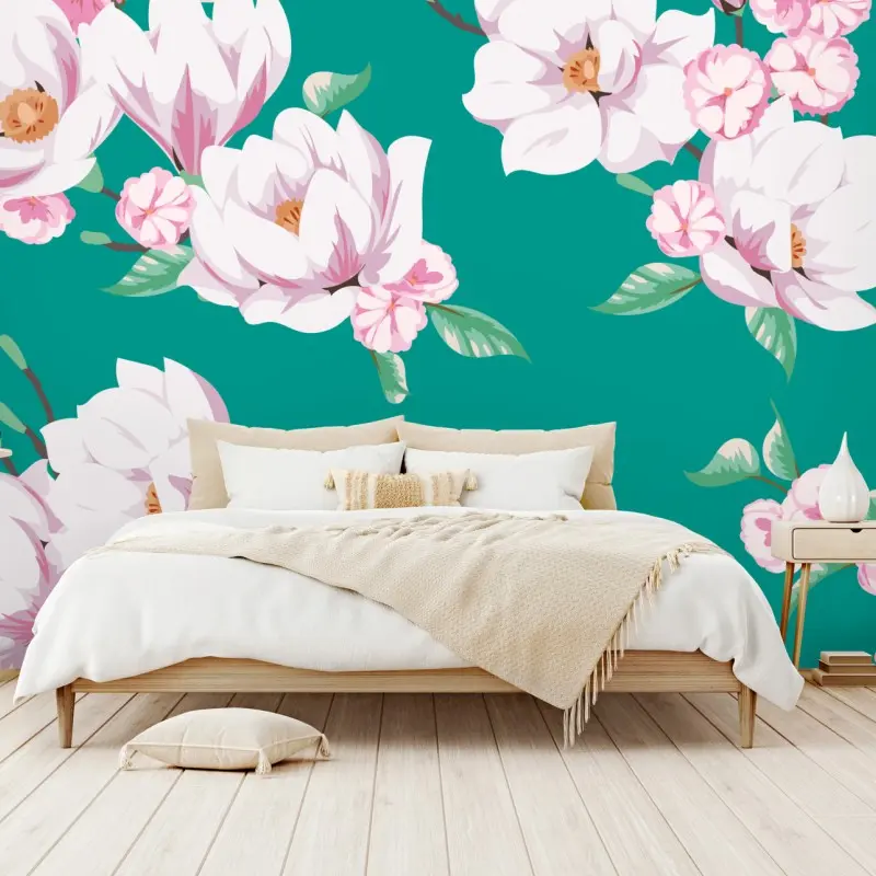 Fototapete pastell magnolienmuster auf türkisfarbenem hintergrund