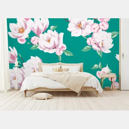 Fototapete pastell magnolienmuster auf türkisfarbenem hintergrund – Pixers®