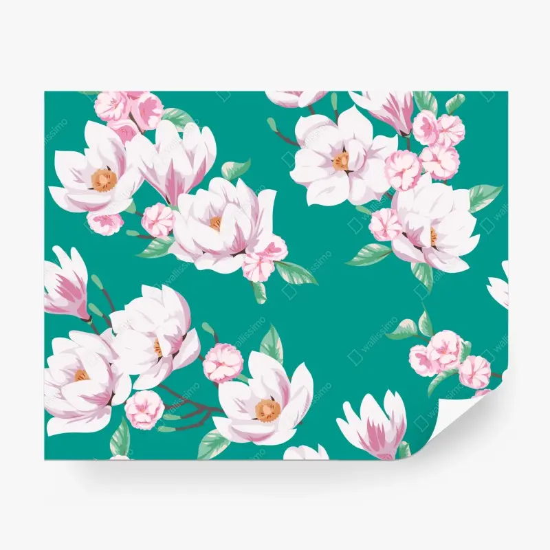 Fototapete pastell magnolienmuster auf türkisfarbenem hintergrund