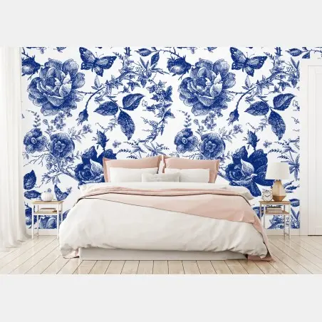 Fototapete blaues blumen toile-muster – Pixers®