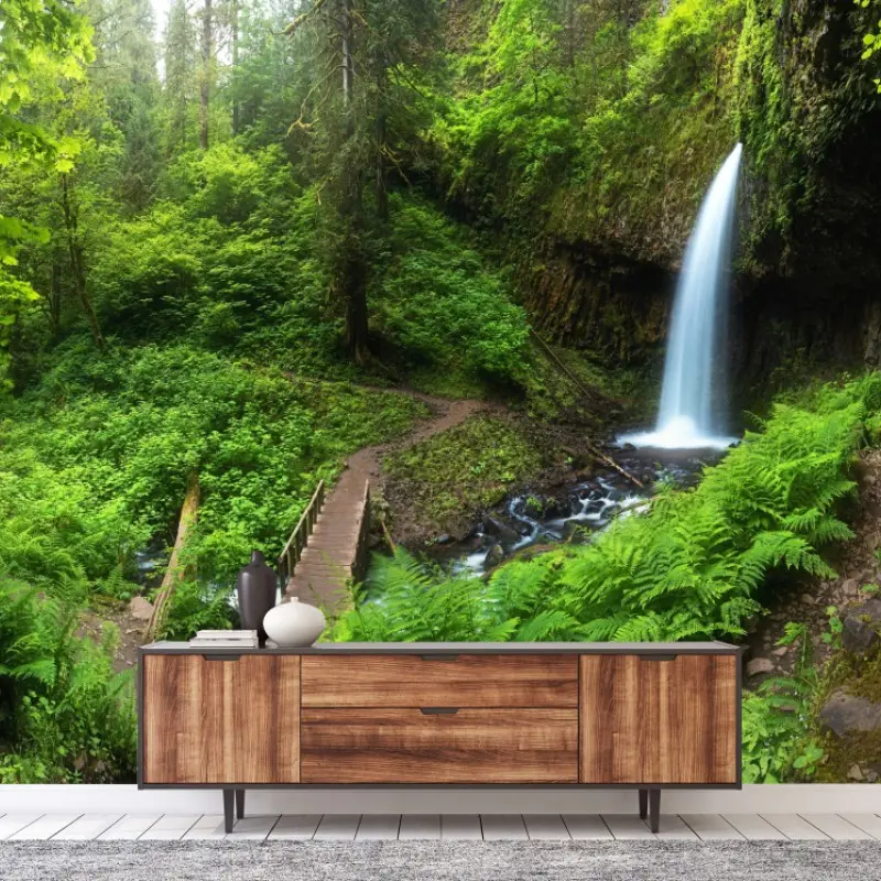 Fototapete üppiger waldwasserfall panorama
