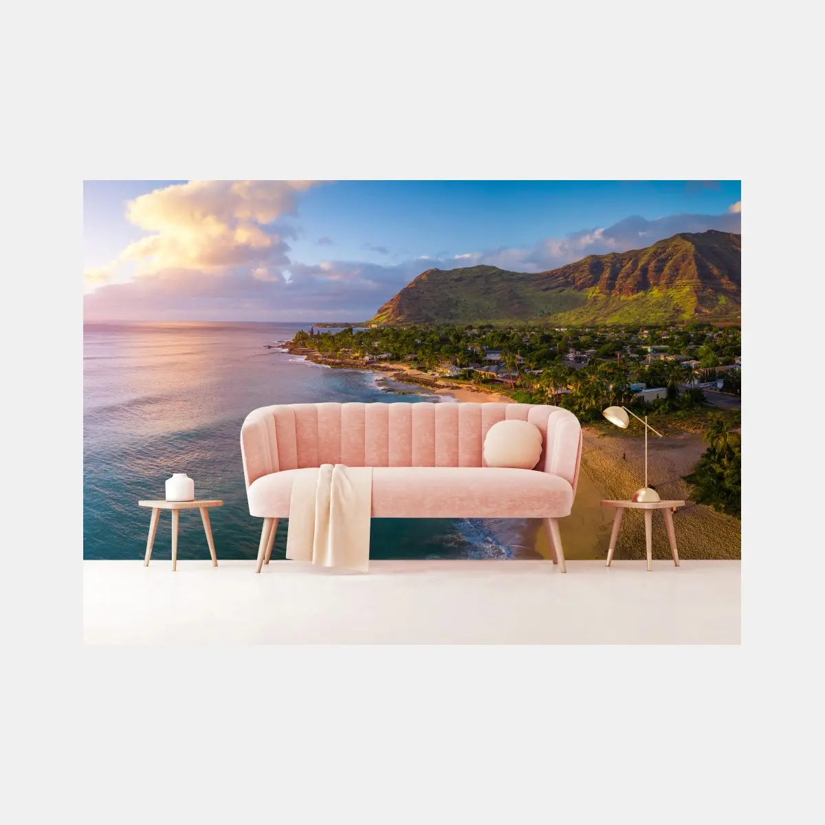 Fototapete sonnenuntergang am strand panorama mit tropischen bergen – Pixers®
