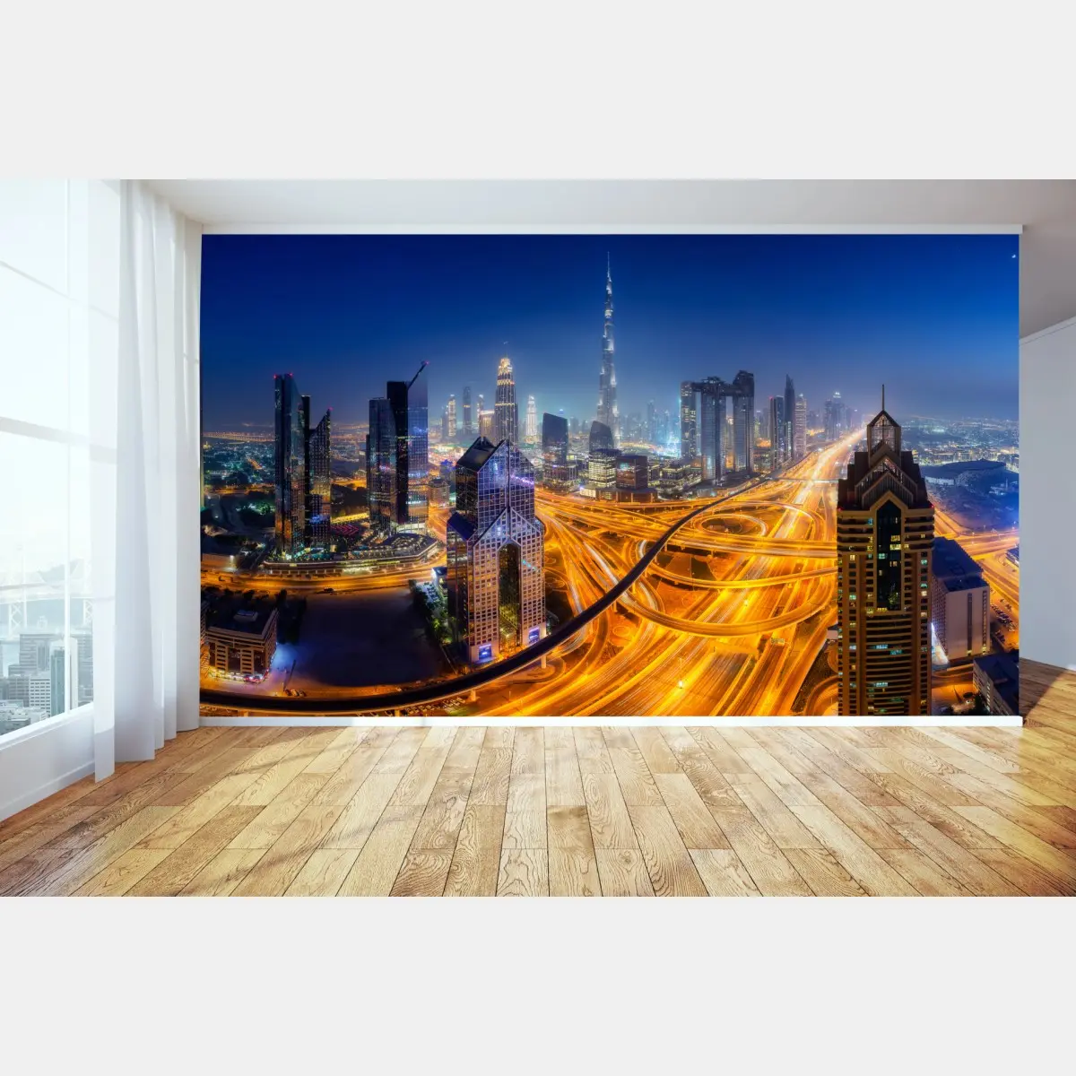 Fototapete panorama der nächtlichen skyline von Dubai – Pixers®