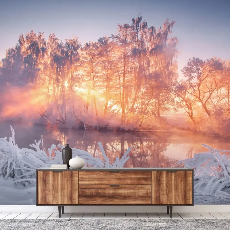 Fototapete winterlicher sonnenaufgang über zugefrorenem fluss