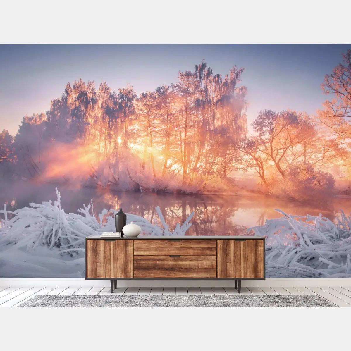 Fototapete winterlicher sonnenaufgang über zugefrorenem fluss – Pixers®