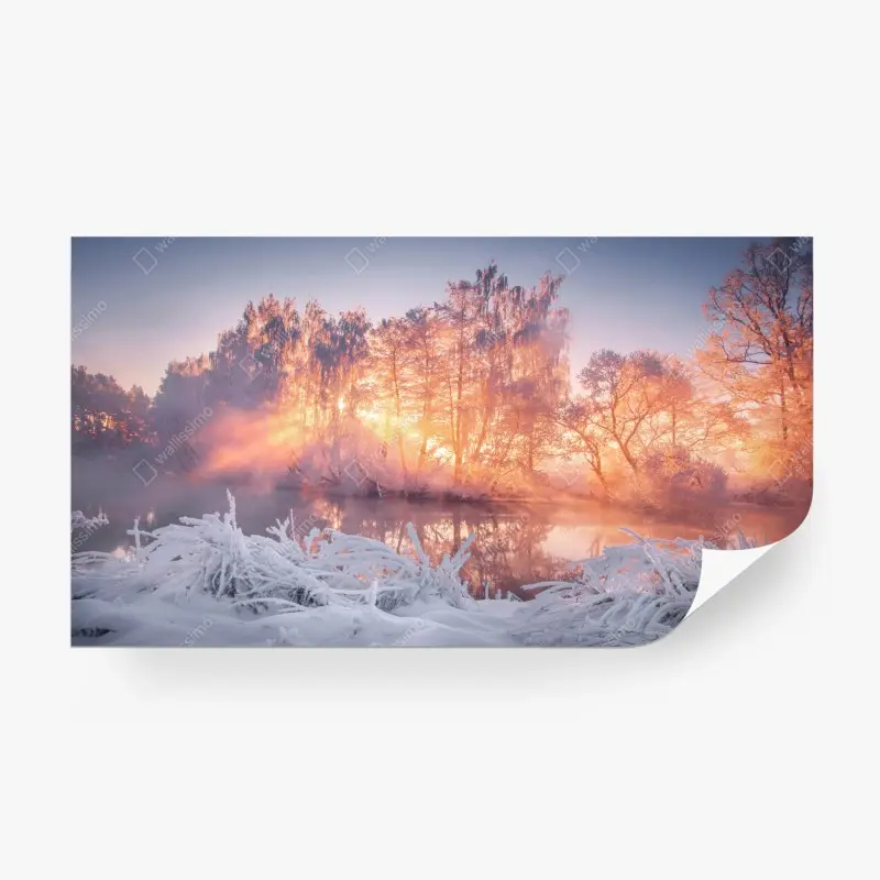 Fototapete winterlicher sonnenaufgang über zugefrorenem fluss