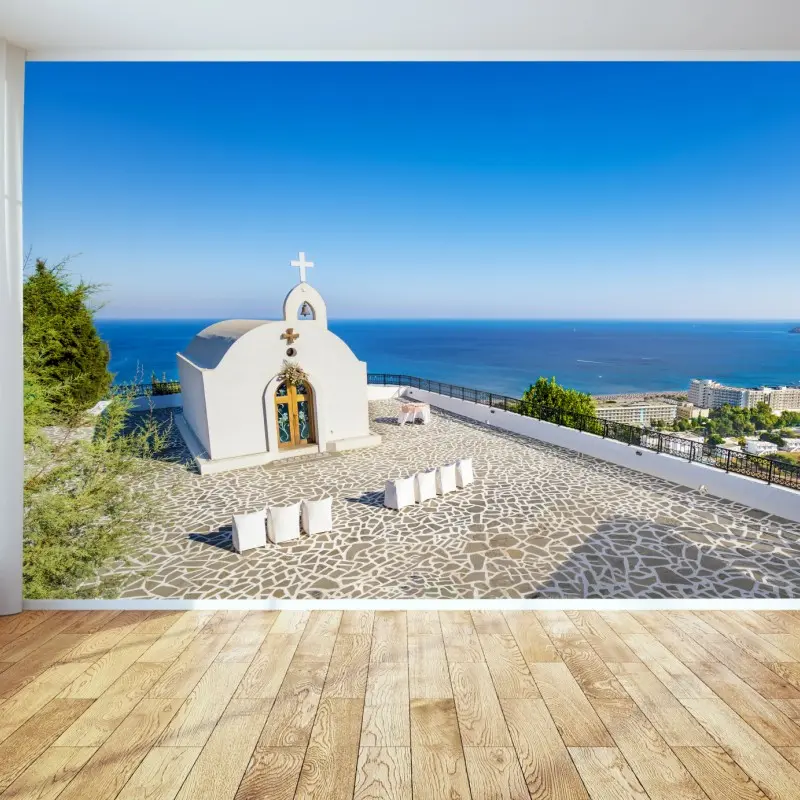 Fototapete weiße kapelle mit meerblick in Faliraki