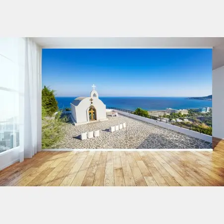 Fototapete weiße kapelle mit meerblick in Faliraki – Pixers®